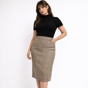 Vintage Midi Pencil Skirt Wool Blend Glen Plaid Houndstooth Pockets Lined Sz 20